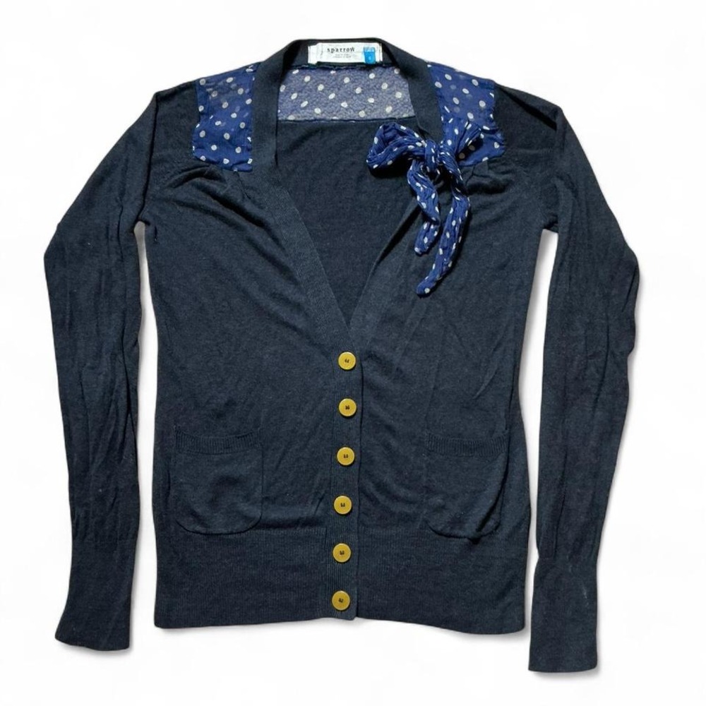 Sparrow Navy Blue Silk Polka‎ Dot Bow Collar Cardigan Sweater Women's Preppy